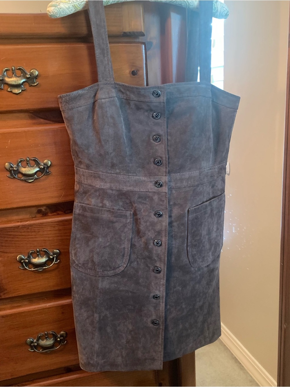 EXPRESS Charcoal Suede Button-Front Pinafore Dress